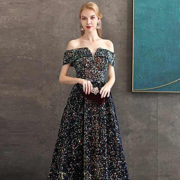 Glitzernden Multifarben Pailletten Königliches Blau Abendkleider 2020 A Linie Off Shoulder Kurze Ärmel Lange Rückenfreies Festliche Kleider