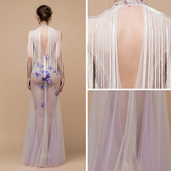 Sexet Ivory Gennemsigtig Selskabskjoler 2018 Havfrue Høj Hals Ærmeløs Sommerfugl Applikationsbroderi Med Blonder Beading Tassel Lange Flæse Halterneck Kjoler