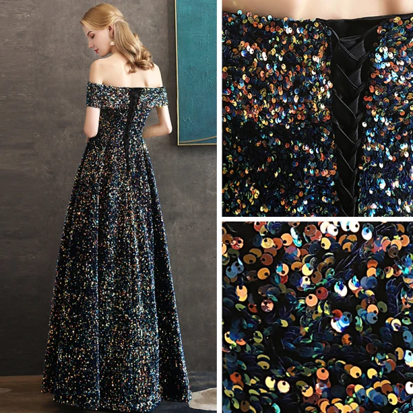 Glitzernden Multifarben Pailletten Königliches Blau Abendkleider 2020 A Linie Off Shoulder Kurze Ärmel Lange Rückenfreies Festliche Kleider