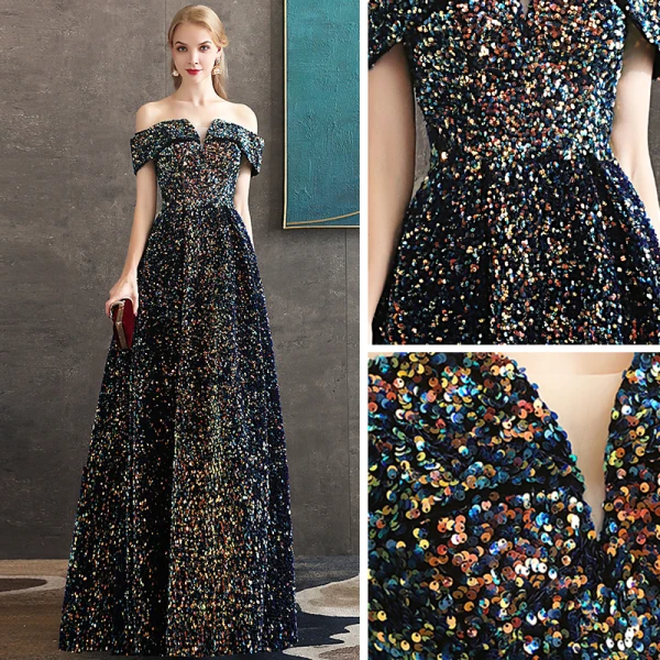Glitzernden Multifarben Pailletten Königliches Blau Abendkleider 2020 A Linie Off Shoulder Kurze Ärmel Lange Rückenfreies Festliche Kleider