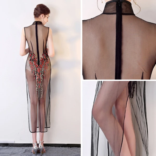 Style Chinois Noire Transparentes Robe De Soirée 2018 Gaine / Ajustement Col Haut Sans Manches Appliques En Dentelle Perlage Fendue devant Thé Longueur Robe De Ceremonie