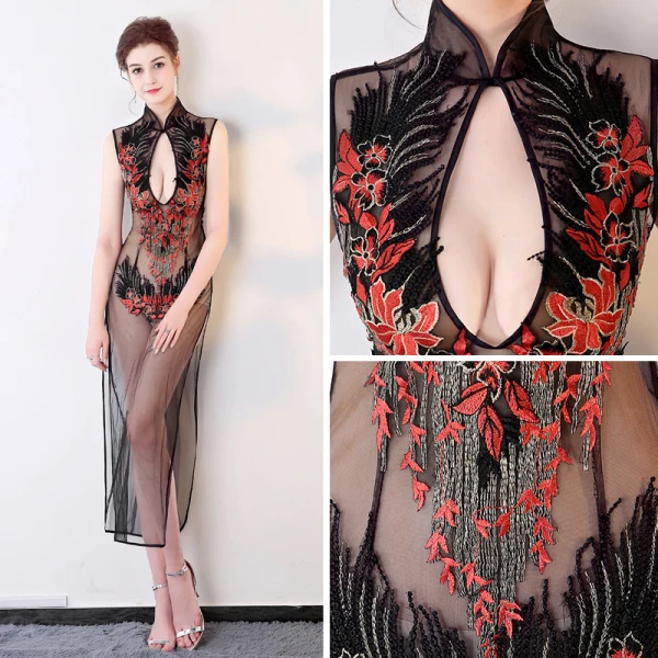 Style Chinois Noire Transparentes Robe De Soirée 2018 Gaine / Ajustement Col Haut Sans Manches Appliques En Dentelle Perlage Fendue devant Thé Longueur Robe De Ceremonie