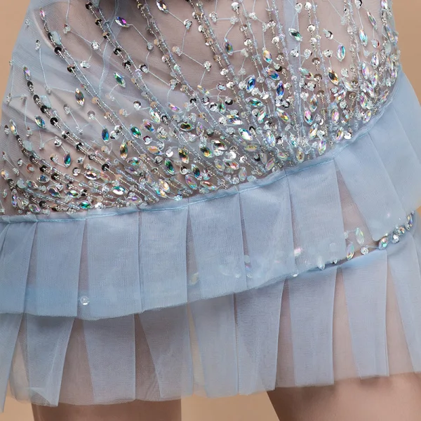 Sexy Himmelblau Durchsichtige Partykleider 2018 Ärmellos Schultern Strass Pailletten Perlenstickerei Kurze Rüschen Rückenfreies Festliche Kleider