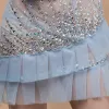 Sexy Sky Blue See-through Party Dresses 2018 Sleeveless Shoulders Rhinestone Sequins Beading Short Ruffle Backless Formal Dresses