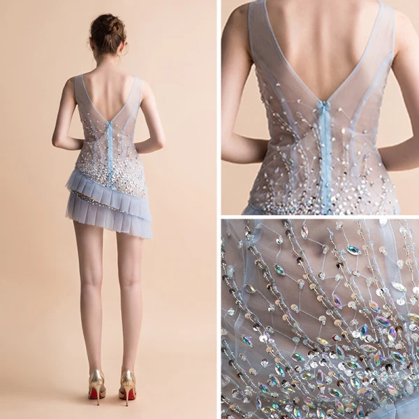 Sexy Himmelblau Durchsichtige Partykleider 2018 Ärmellos Schultern Strass Pailletten Perlenstickerei Kurze Rüschen Rückenfreies Festliche Kleider