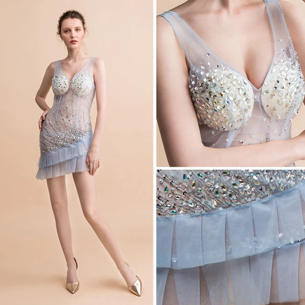 Sexy Himmelblau Durchsichtige Partykleider 2018 Ärmellos Schultern Strass Pailletten Perlenstickerei Kurze Rüschen Rückenfreies Festliche Kleider