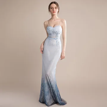 Sexy Sky Blue Gradient Color Navy Blue Evening Dresses 2018 Trumpet Mermaid Sleeveless Spaghetti Straps Beading Backless Lace Up Bow Floor Length Long Ruffle Formal Dresses
