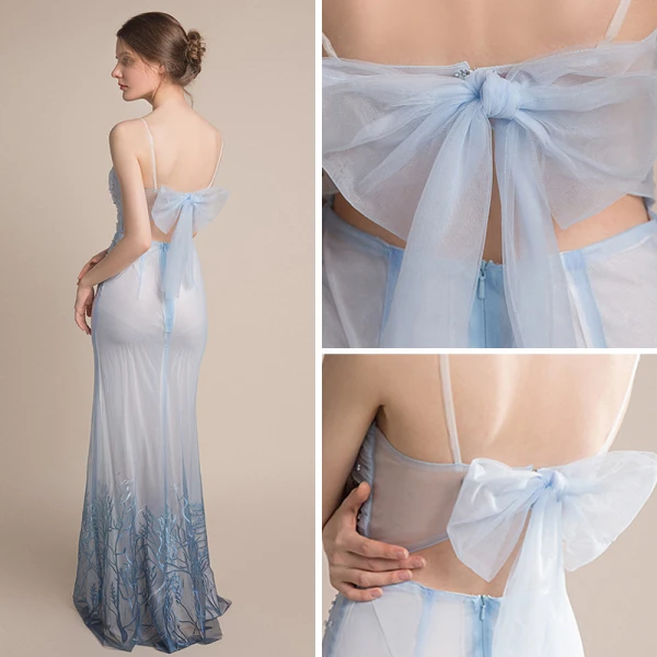 Sexy Bleu Ciel Dégradé De Couleur Bleu Marine Robe De Soirée 2018 Trompette / Sirène Sans Manches Bretelles Spaghetti Perlage Dos Nu Laçage Noeud Longue Volants Robe De Ceremonie