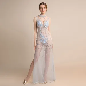 Sexy Himmelen Blå Gjennomsiktig Selskapskjoler 2018 Kappe Fit Høy Hals Uten Ermer Appliques Blonder Beading Dusk Fendue Devant Lange Buste Ryggløse Formelle Kjoler
