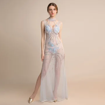 Sexy Sky Blue See Through Evening Dresses 2018 Sheath Fit High Neck Sleeveless Appliques Lace Beading Tassel Split Front Floor Length Long Ruffle Backless Formal Dresses