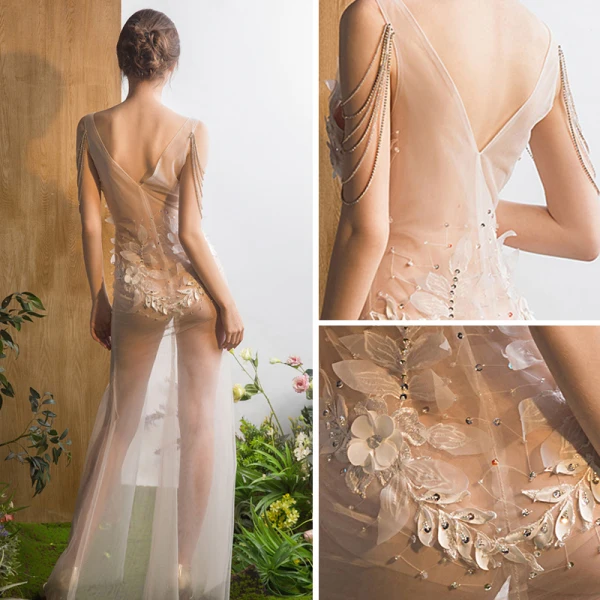 Sexy Ivoire Transparentes Robe De Soirée 2018 Trompette / Sirène V-Cou Sans Manches Appliques Fleur Paillettes Perlage Longue Volants Dos Nu Robe De Ceremonie