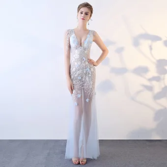Sexy Bleu Ciel Transparentes Été Robe De Soirée 2018 Trompette Sirène V Cou Sans Manches Appliques En Dentelle Paillettes Longue Volants Dos Nu Robe De Ceremonie