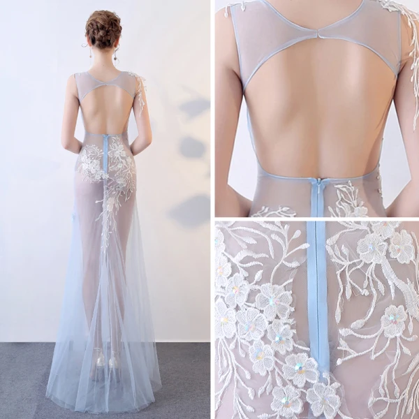 Sexy Himmelblau Durchsichtige Sommer Abendkleider 2018 Meerjungfrau V-Ausschnitt Ärmellos Applikationen Spitze Pailletten Lange Rüschen Rückenfreies Festliche Kleider