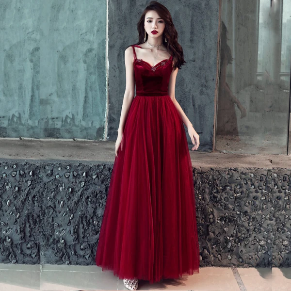 Affordable Burgundy Prom Dresses 2019 A-Line / Princess Sleeveless  Spaghetti Straps Beading Sash Floor-Length / Long