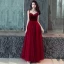 Affordable Burgundy Prom Dresses 2019 A-Line / Princess Sleeveless Spaghetti Straps Beading Sash Floor-Length / Long Ruffle Backless Formal Dresses