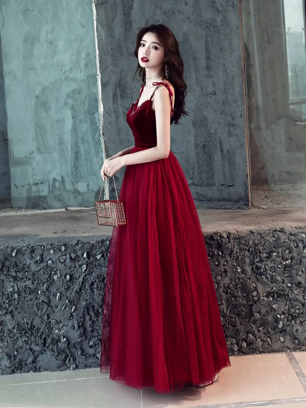 Affordable Burgundy Prom Dresses 2019 A-Line / Princess Sleeveless Spaghetti Straps Beading Sash Floor-Length / Long Ruffle Backless Formal Dresses