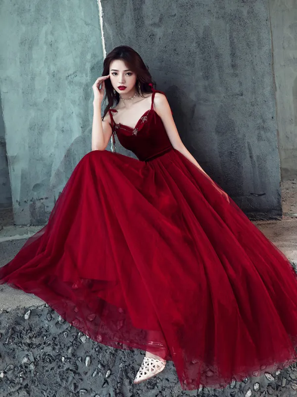 Affordable Burgundy Prom Dresses 2019 A-Line / Princess Sleeveless Spaghetti Straps Beading Sash Floor-Length / Long Ruffle Backless Formal Dresses