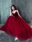Affordable Burgundy Prom Dresses 2019 A-Line / Princess Sleeveless Spaghetti Straps Beading Sash Floor-Length / Long Ruffle Backless Formal Dresses