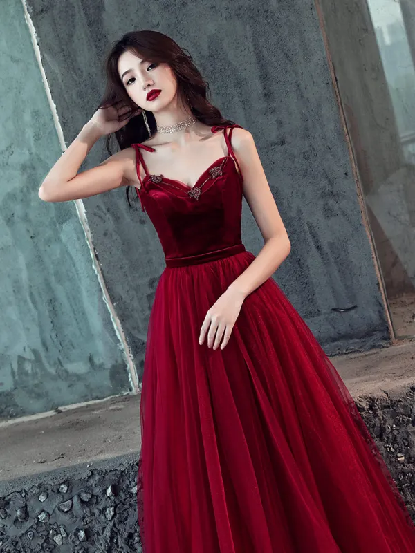Affordable Burgundy Prom Dresses 2019 A-Line / Princess Sleeveless Spaghetti Straps Beading Sash Floor-Length / Long Ruffle Backless Formal Dresses