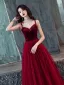 Affordable Burgundy Prom Dresses 2019 A-Line / Princess Sleeveless Spaghetti Straps Beading Sash Floor-Length / Long Ruffle Backless Formal Dresses