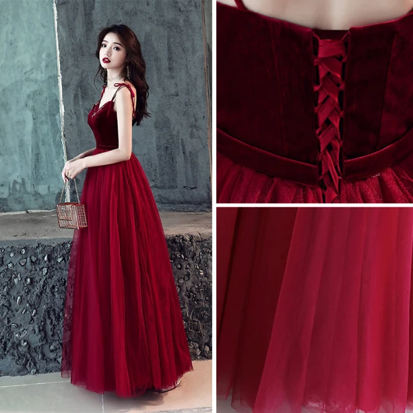Affordable Burgundy Prom Dresses 2019 A-Line / Princess Sleeveless Spaghetti Straps Beading Sash Floor-Length / Long Ruffle Backless Formal Dresses