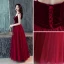 Affordable Burgundy Prom Dresses 2019 A-Line / Princess Sleeveless Spaghetti Straps Beading Sash Floor-Length / Long Ruffle Backless Formal Dresses