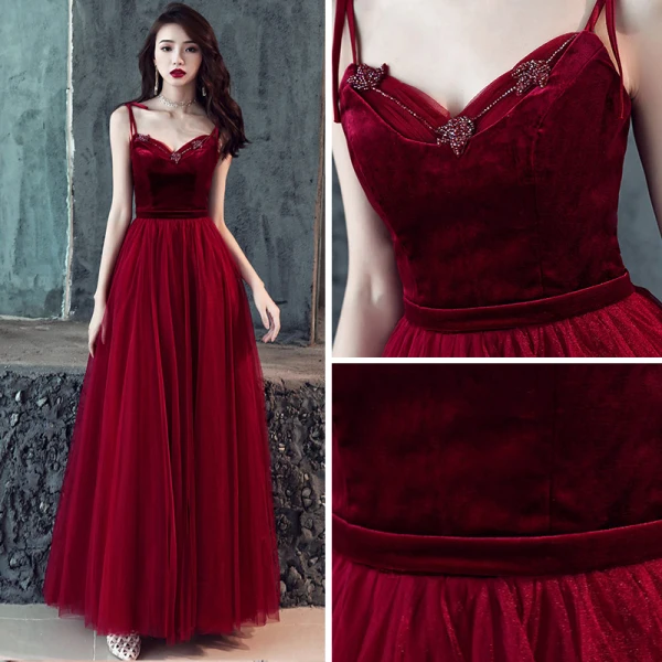 Affordable Burgundy Prom Dresses 2019 A-Line / Princess Sleeveless Spaghetti Straps Beading Sash Floor-Length / Long Ruffle Backless Formal Dresses