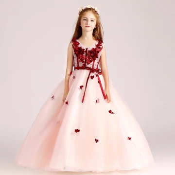 Chic Belle Perle Rose Robe Ceremonie Fille 2017 Robe Boule V Cou Sans Manches Appliques Fleur Ceinture Longue Volants Robe Pour Mariage