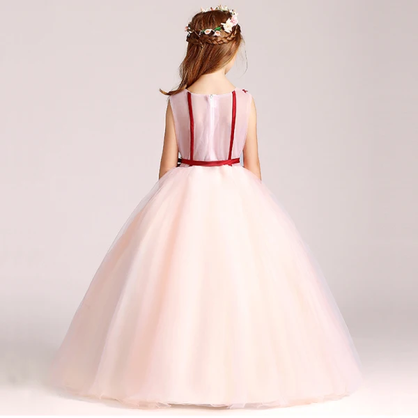 Chic / Belle Perle Rose Robe Ceremonie Fille 2017 Robe Boule V-Cou Sans Manches Appliques Fleur Ceinture Longue Volants Robe Pour Mariage