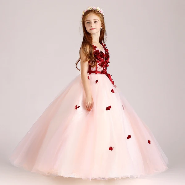 Chic / Belle Perle Rose Robe Ceremonie Fille 2017 Robe Boule V-Cou Sans Manches Appliques Fleur Ceinture Longue Volants Robe Pour Mariage