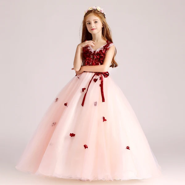 Chic / Belle Perle Rose Robe Ceremonie Fille 2017 Robe Boule V-Cou Sans Manches Appliques Fleur Ceinture Longue Volants Robe Pour Mariage