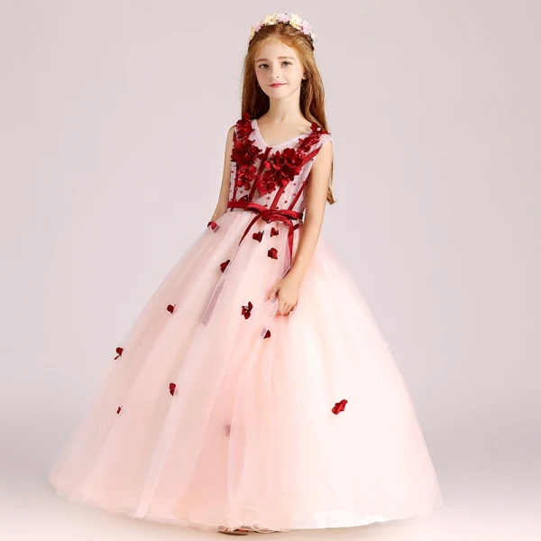Chic / Belle Perle Rose Robe Ceremonie Fille 2017 Robe Boule V-Cou Sans Manches Appliques Fleur Ceinture Longue Volants Robe Pour Mariage