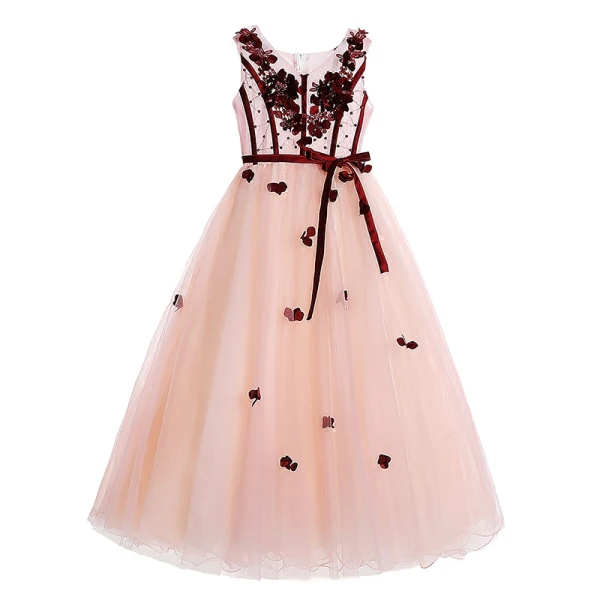 Chic / Belle Perle Rose Robe Ceremonie Fille 2017 Robe Boule V-Cou Sans Manches Appliques Fleur Ceinture Longue Volants Robe Pour Mariage