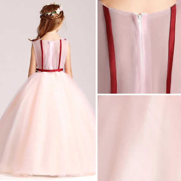 Chic / Belle Perle Rose Robe Ceremonie Fille 2017 Robe Boule V-Cou Sans Manches Appliques Fleur Ceinture Longue Volants Robe Pour Mariage
