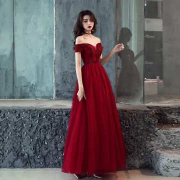 Chic Beautiful Burgundy Prom Dresses 2019 A Line Princess Short Sleeve Off The Shoulder Beading Floor Length Long Ruffle Backless Formal Dresses