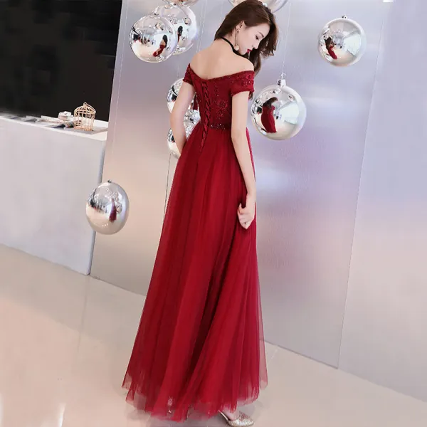 Veaul Chic Beautiful Burgundy Prom Dresses 2019 A Line Princess Short Sleeve Off The Shoulder