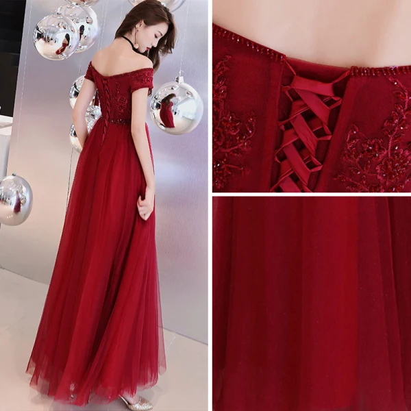 Chic / Beautiful Burgundy Prom Dresses 2019 A-Line / Princess Short Sleeve Off-The-Shoulder Beading Floor-Length / Long Ruffle Backless Formal Dresses