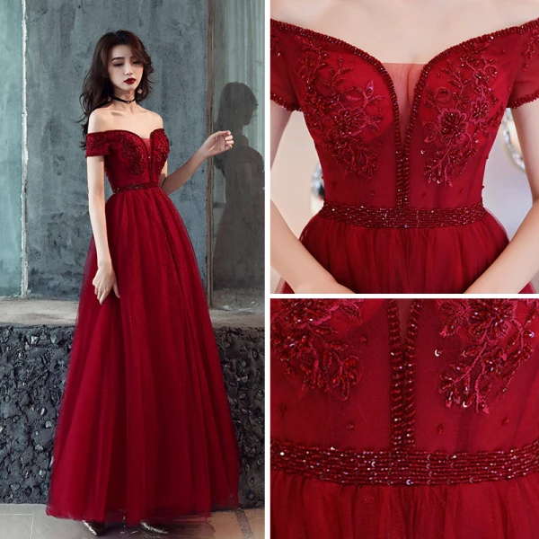Chic / Beautiful Burgundy Prom Dresses 2019 A-Line / Princess Short Sleeve Off-The-Shoulder Beading Floor-Length / Long Ruffle Backless Formal Dresses