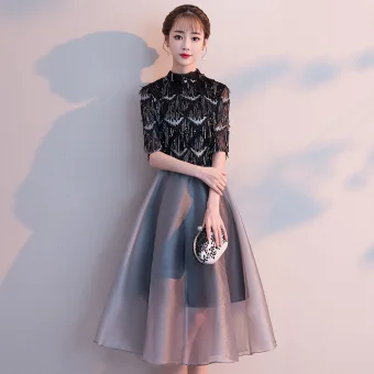 Elegant Black Homecoming Graduation Dresses 2018 A Line Princess High Neck 1 2 Sleeves Sequins Tassel Tea Length Ruffle Formal Dresses