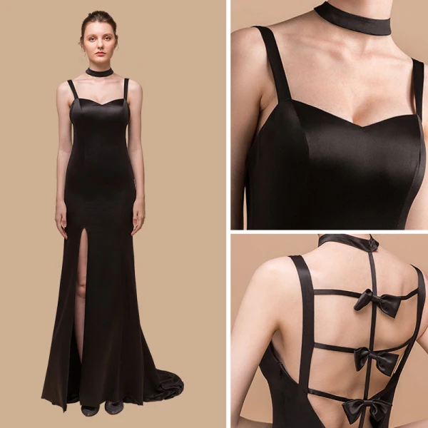 Moderne / Mode Bleu Marine Robe De Soirée 2018 Trompette / Sirène épaules Sans Manches Dos Nu Noeud Fendue devant Train De Balayage Volants Robe De Ceremonie