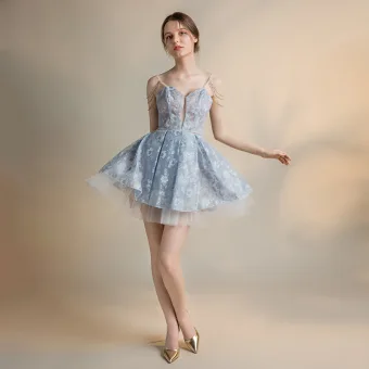 Sexig Himmelsblå Genomskinliga Festklänningar 2018 Prinsessa Ärmlös Spaghettiband Beading Utskrift Blomma Glittriga Glitter Tyll Korta Ruffle Halterneck Formella Klänningar
