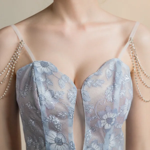 Sexy Himmelblau Durchsichtige Partykleider 2018 A Linie Ärmellos Spaghettiträger Perlenstickerei Drucken Blumen Glanz Tülle Kurze Rüschen Rückenfreies Festliche Kleider