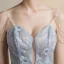 Sexy Himmelblau Durchsichtige Partykleider 2018 A Linie Ärmellos Spaghettiträger Perlenstickerei Drucken Blumen Glanz Tülle Kurze Rüschen Rückenfreies Festliche Kleider