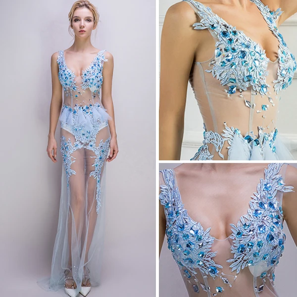 Sexy Himmelblau Durchsichtige Sommer Abendkleider 2018 Meerjungfrau V-Ausschnitt Ärmellos Applikationen Spitze Strass Sweep / Pinsel Zug Rüschen Rückenfreies Festliche Kleider
