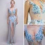 Sexy Himmelblau Durchsichtige Sommer Abendkleider 2018 Meerjungfrau V-Ausschnitt Ärmellos Applikationen Spitze Strass Sweep / Pinsel Zug Rüschen Rückenfreies Festliche Kleider