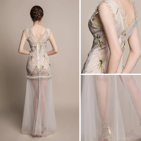 Sexy Ivoire Transparentes Été Robe De Soirée 2018 Gaine / Ajustement V-Cou Sans Manches Appliques Paillettes Faux Diamant Longue Volants Dos Nu Robe De Ceremonie