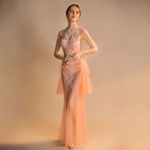 Sexy Orange See Through Summer Evening Dresses 2018 Trumpet Mermaid V Neck Sleeveless Appliques Flower Sequins Beading Floor Length Long Ruffle Backless Formal Dresses