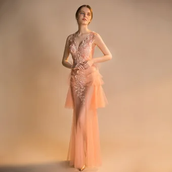 Sexy Orange Transparentes Été Robe De Soirée 2018 Trompette Sirène V Cou Sans Manches Appliques Fleur Paillettes Perlage Longue Volants Dos Nu Robe De Ceremonie