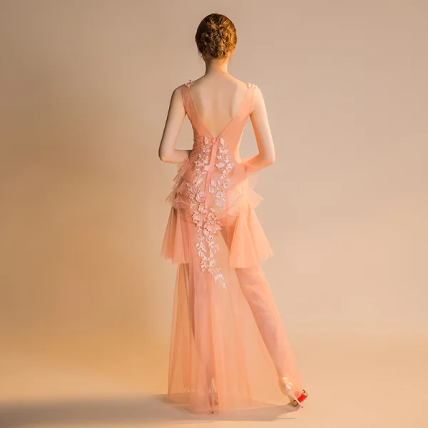 Sexy Orange See-through Summer Evening Dresses 2018 Trumpet / Mermaid V-Neck Sleeveless Appliques Flower Sequins Beading Floor-Length / Long Ruffle Backless Formal Dresses
