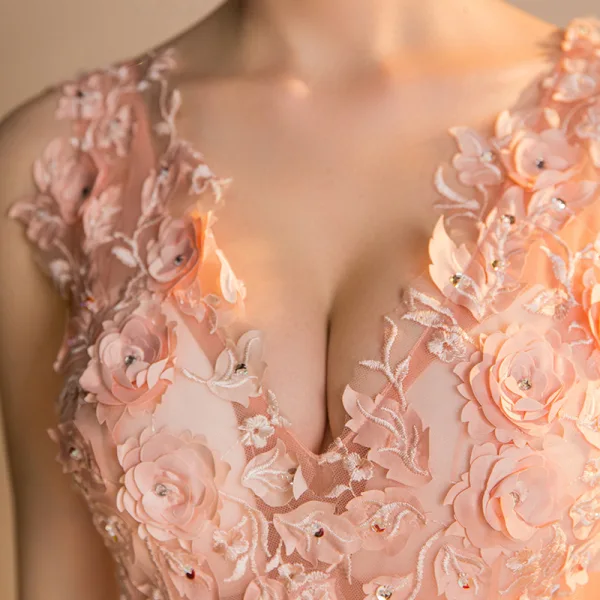 Sexy Orange See-through Summer Evening Dresses 2018 Trumpet / Mermaid V-Neck Sleeveless Appliques Flower Sequins Beading Floor-Length / Long Ruffle Backless Formal Dresses